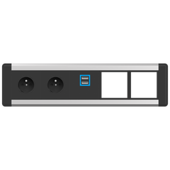 2F80E2F5 Level-E 2xFrench Belgian socket 1xUSB A+A charger 2.4A max 2xIMP slot, Black fascias & end caps, Silver body, Colour: Black (Fascia/End Cap), Silver (Body)