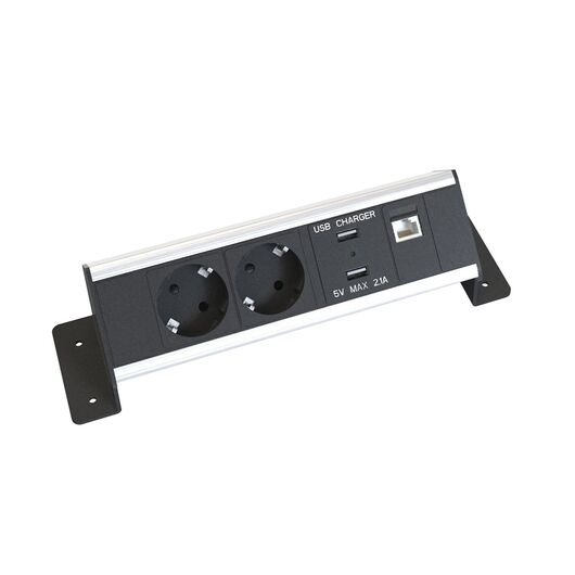935-I2CD Axessline I-Desk - 2 Power USB-A Charger 1 Data, Alu/Black