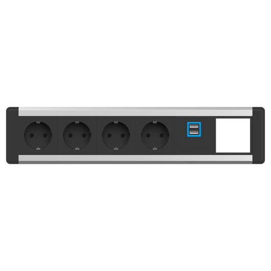 2F80F4F4 Level-E Series Power Module with 4xSchuko Socket/1xUSB (A+A) Charger/1xIMP Slot/Black Fascia/End Cap, Colour: Black (Fascia/End Cap), Silver (Body)