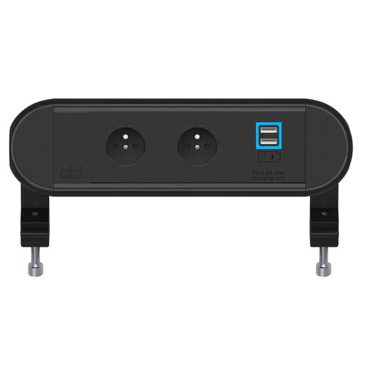 2A0BE2F3 Chroma 2xFrench Belgian socket 1xUSB A+A charger 2.4A max Black fascias & end caps, Black body, Colour: Black (Fascia/End Cap), Black (Body)