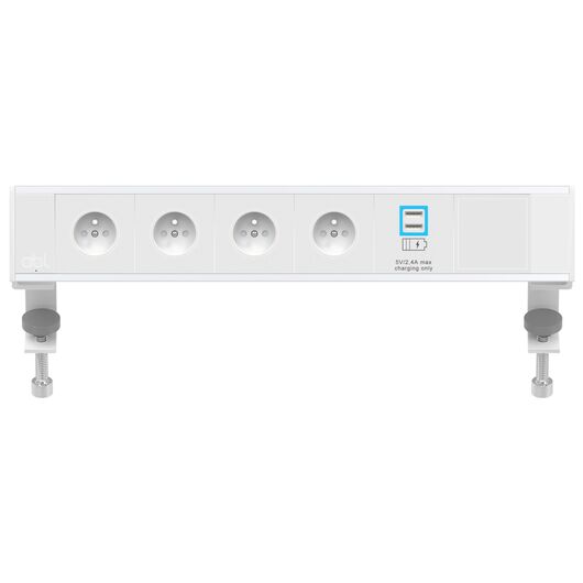 2A21E4F4 Flexi 4xFrench Belgian socket 1xUSB A+A charger 2.4A max 1xIMP slot, White fascias & end caps, Silver body, Colour: White (Fascia/End Cap), Silver (Body)