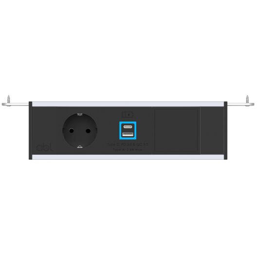 2M80F1A4 Level-F Series Power Module with 1xSchuko Socket/1xUSB (A+C) Charger/1xIMP Slot/Black Fascia/End Cap, Colour: Black (Fascia/End Cap), Silver (Body)