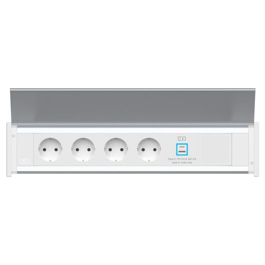 2G01F4A4 Level-C Series Power Module with 4xSchuko Socket/1xUSB (A+C) Charger/1xIMP Slot/White Fascia/End Cap, Colour: White (Fascia/End Cap), Silver (Body)